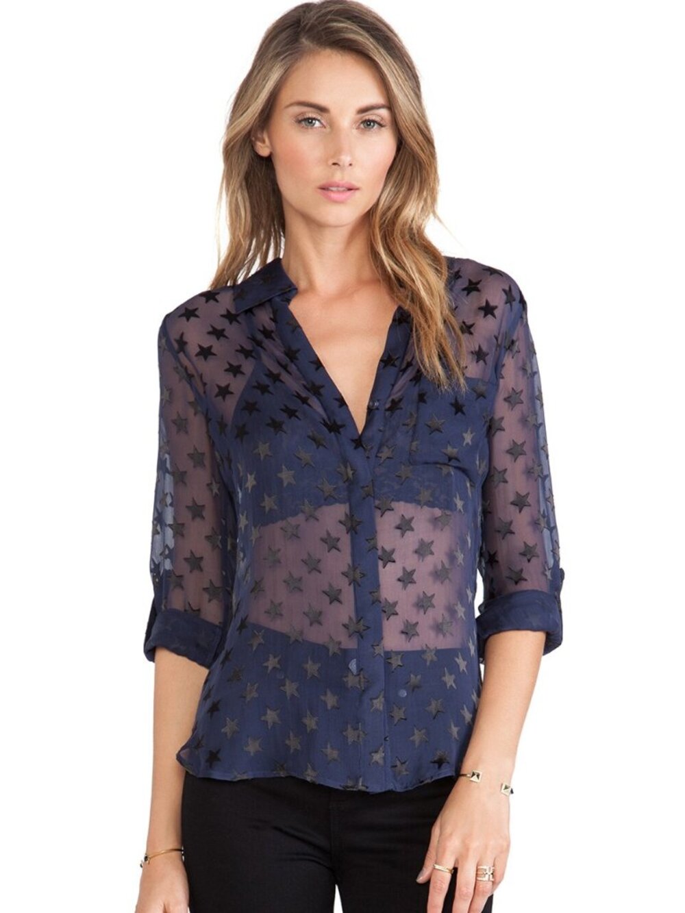 REVOLVE X DVF Diane Von Furstenberg Lorelei Two Navy Silk Sheer Blouse w/ Stars